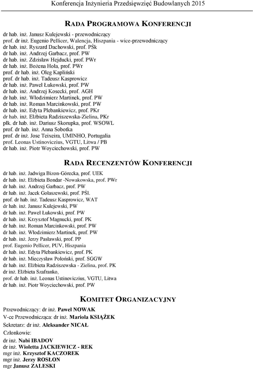 PW dr hab. inż. Andrzej Kosecki, prof. AGH dr hab. inż. Włodzimierz Martinek, prof. PW dr hab. inż. Roman Marcinkowski, prof. PW dr hab. inż. Edyta Plebankiewicz, prof. PKr dr hab. inż. Elżbieta Radziszewska-Zielina, PKr płk.