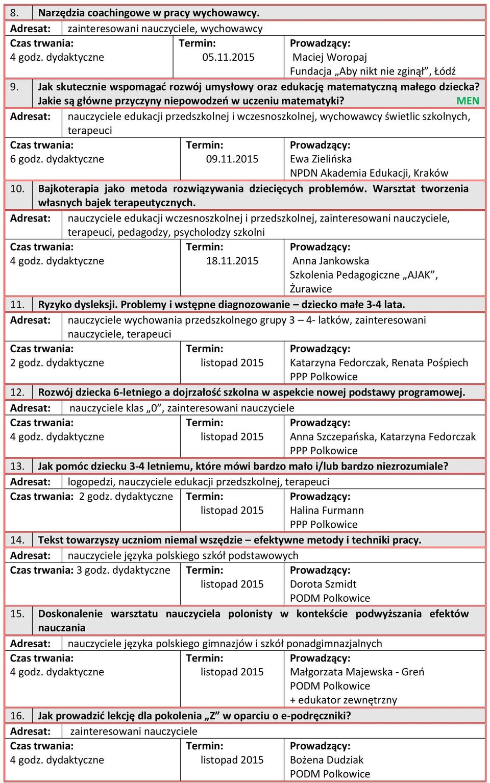 2015 Ewa Zielińska NPDN Akademia Edukacji, Kraków 10. Bajkoterapia jako metoda rozwiązywania dziecięcych problemów. Warsztat tworzenia własnych bajek terapeutycznych.