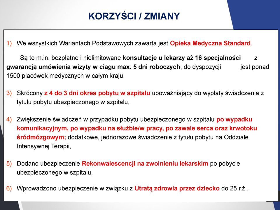 5 dni roboczych; do dyspozycji jest ponad 1500 placówek medycznych w całym kraju, 3) Skrócony z 4 do 3 dni okres pobytu w szpitalu upoważniający do wypłaty świadczenia z tytułu pobytu ubezpieczonego