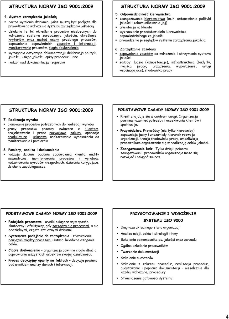 systemu zarządzania jakością, określenie kryteriów oraz metod oceny przebiegu procesów, zapewnienie odpowiednich zasobów i informacji, monitorowanie procesów, ciągłe doskonalenie wymagania dotyczące