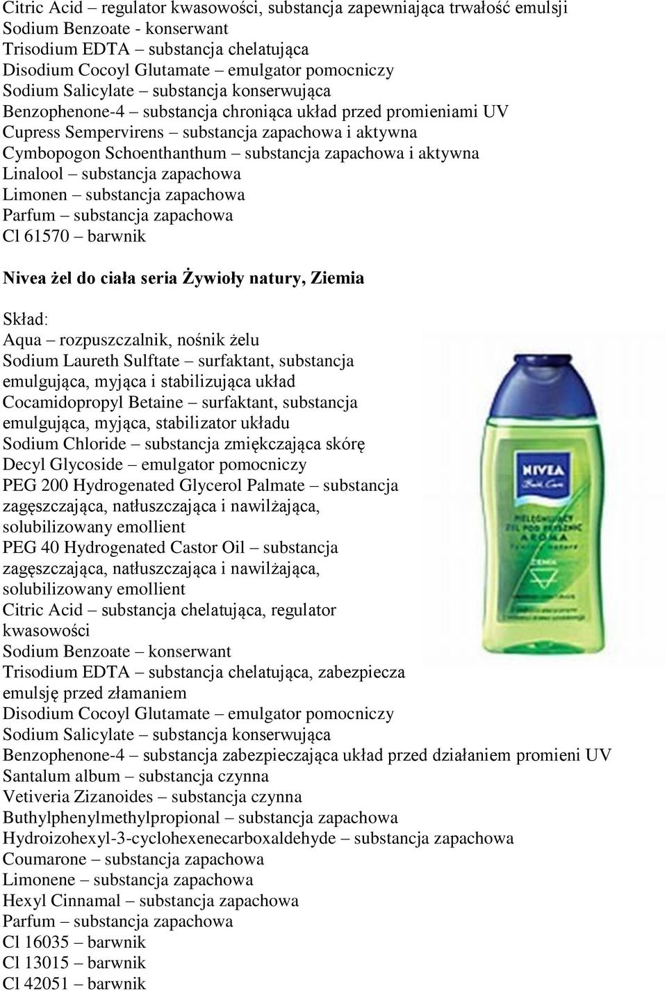 aktywna Linalool substancja zapachowa Limonen substancja zapachowa Parfum substancja zapachowa Cl 61570 barwnik Nivea żel do ciała seria Żywioły natury, Ziemia Aqua rozpuszczalnik, nośnik żelu Sodium