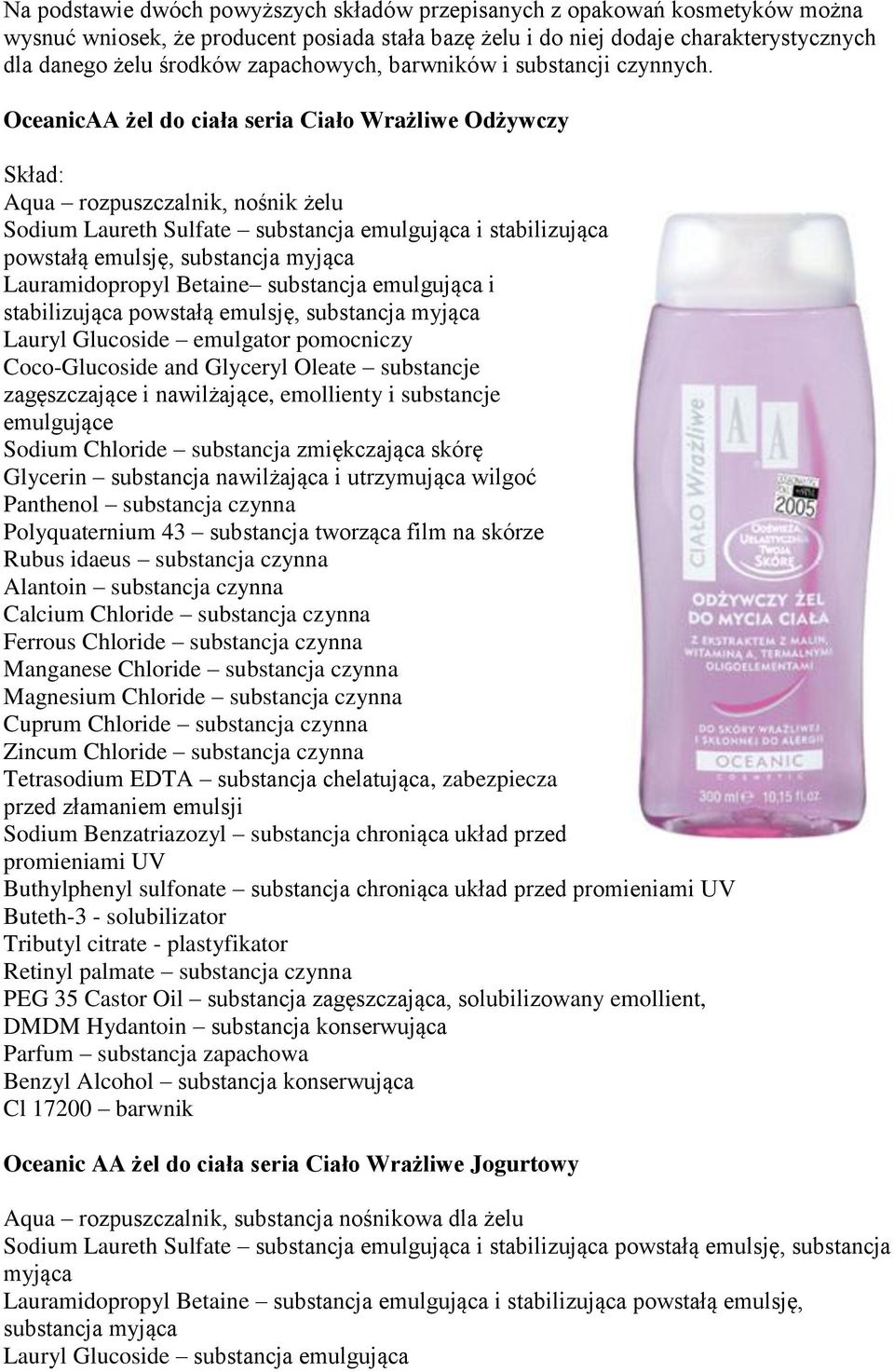 OceanicAA żel do ciała seria Ciało Wrażliwe Odżywczy Aqua rozpuszczalnik, nośnik żelu Sodium Laureth Sulfate substancja emulgująca i stabilizująca powstałą emulsję, substancja myjąca Lauramidopropyl