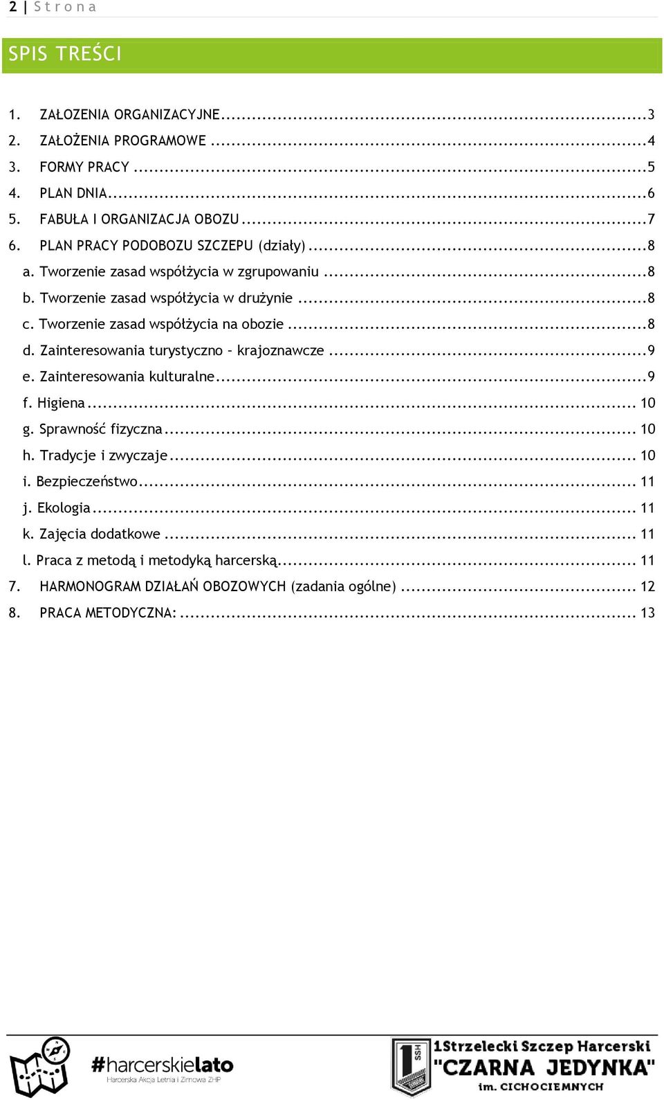 Tworzenie zasad współżycia na obozie... 8 d. Zainteresowania turystyczno krajoznawcze... 9 e. Zainteresowania kulturalne... 9 f. Higiena... 10 g. Sprawność fizyczna... 10 h.
