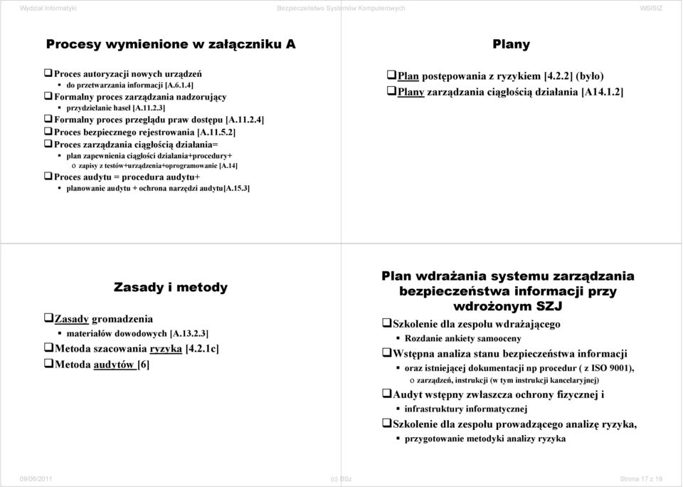 2] Proces zarządzania ciągłością działania= plan zapewnienia ciągłości działania+procedury+ o zapisy z testów+urządzenia+oprogramowanie [A.