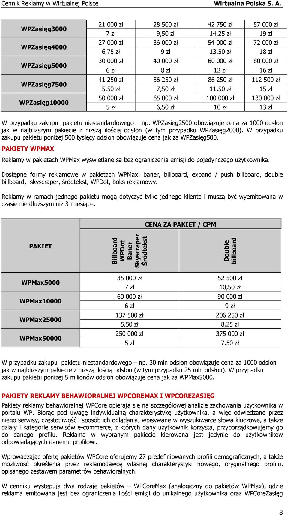 13 zł W przypadku zakupu pakietu niestandardowego np. WPZasięg2500 obowiązuje cena za 1000 odsłon jak w najbliższym pakiecie z niższą ilością odsłon (w tym przypadku WPZasięg2000).