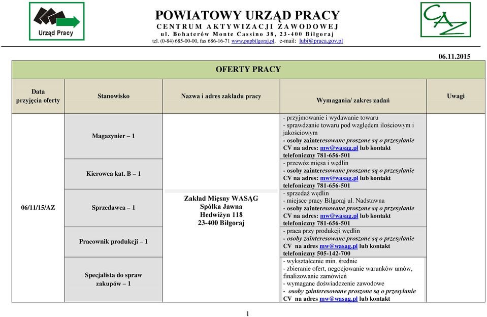 B 1 Sprzedawca 1 Pracownik produkcji 1 Specjalista do spraw zakupów 1 Zakład Mięsny WASĄG Spółka Jawna Hedwiżyn 118 - przyjmowanie i wydawanie towaru - sprawdzanie towaru pod względem ilościowym i