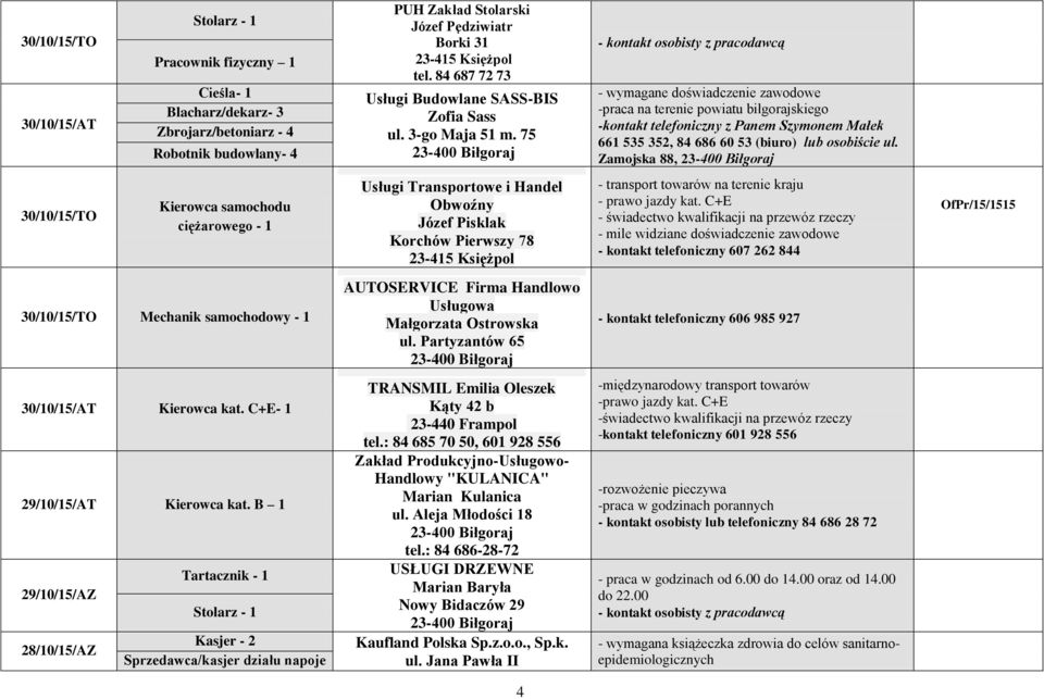 75 - kontakt osobisty z pracodawcą - wymagane doświadczenie zawodowe -praca na terenie powiatu biłgorajskiego -kontakt telefoniczny z Panem Szymonem Małek 661 535 352, 84 686 60 53 (biuro) lub