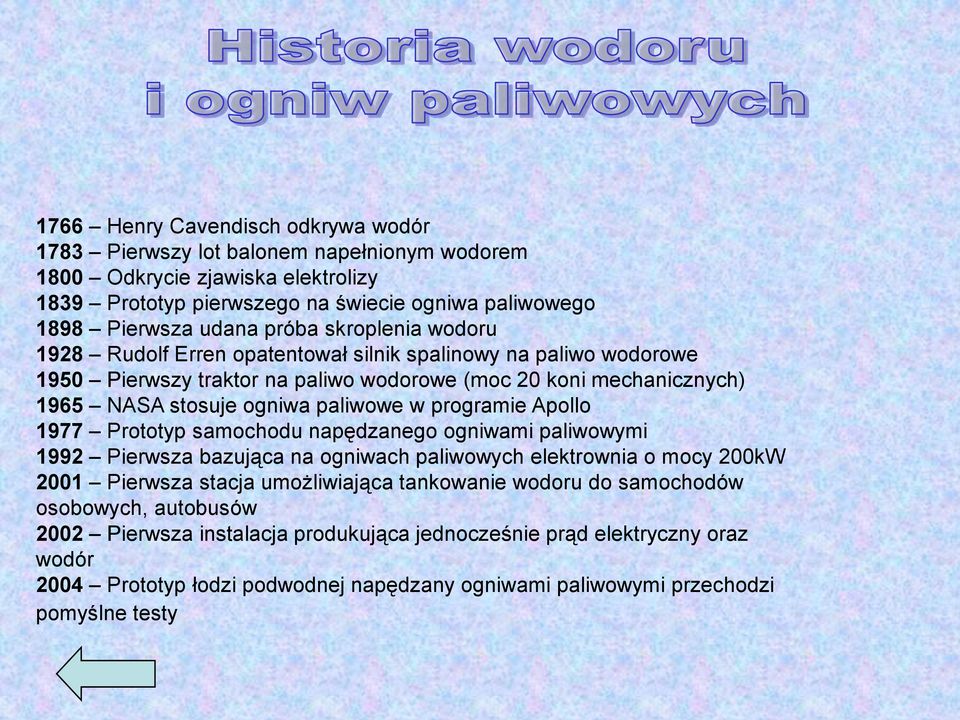 programie Apollo 1977 Prototyp samochodu napędzanego ogniwami paliwowymi 1992 Pierwsza bazująca na ogniwach paliwowych elektrownia o mocy 200kW 2001 Pierwsza stacja umożliwiająca tankowanie