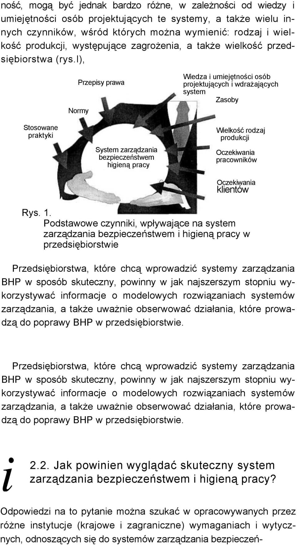 l), Stosowane praktyki Przepisy prawa Normy System zarządzania bezpieczeństwem higieną pracy Wiedza i umiejętności osób projektujących i wdrażających system Zasoby Wielkość rodzaj produkcji