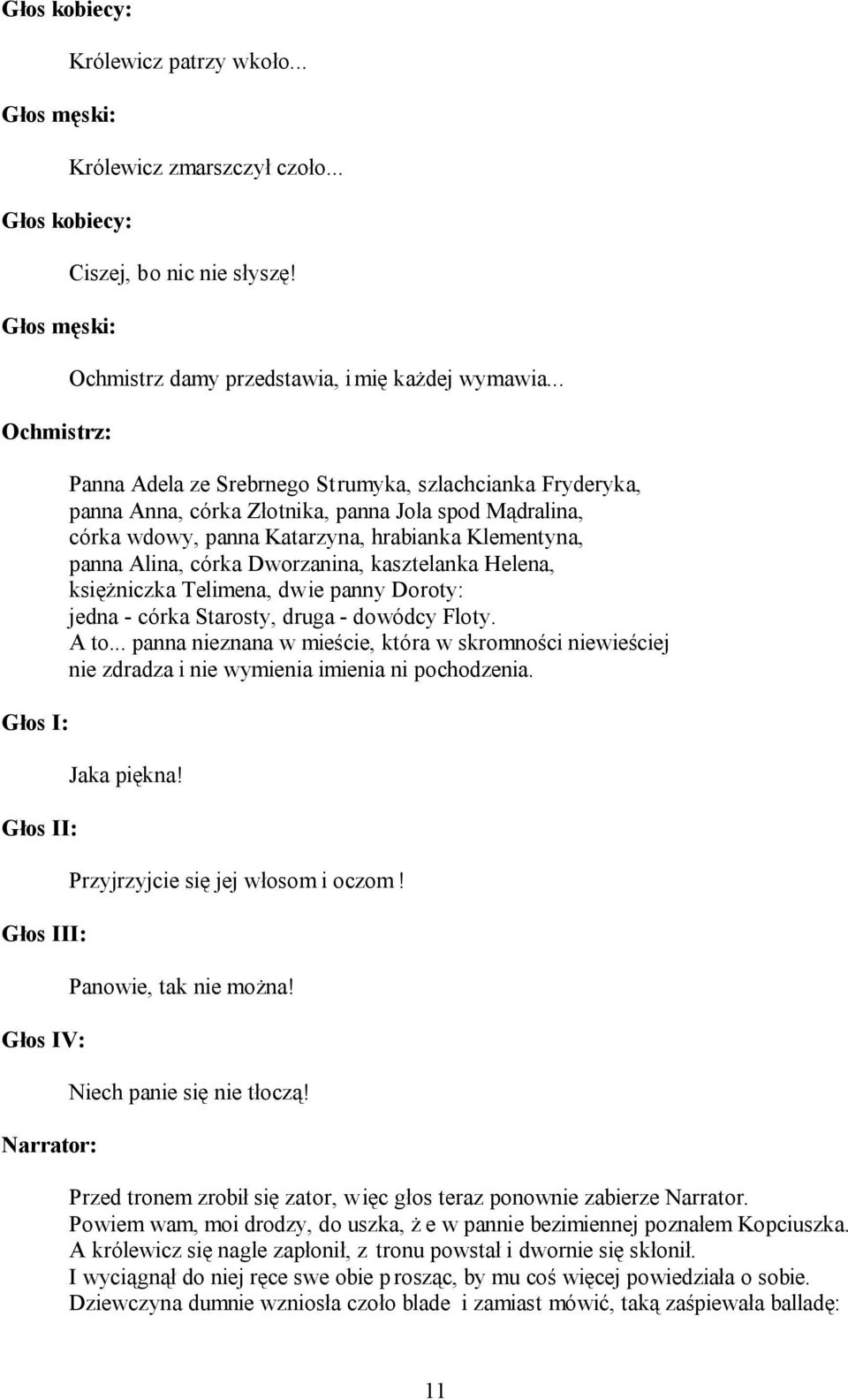 .. Panna Adela ze Srebrnego Strumyka, szlachcianka Fryderyka, panna Anna, córka Złotnika, panna Jola spod Mądralina, córka wdowy, panna Katarzyna, hrabianka Klementyna, panna Alina, córka Dworzanina,