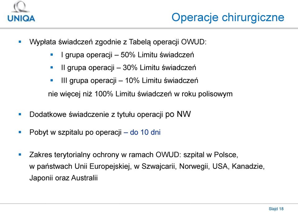 polisowym Dodatkowe świadczenie z tytułu operacji po NW Pobyt w szpitalu po operacji do 10 dni Zakres terytorialny ochrony