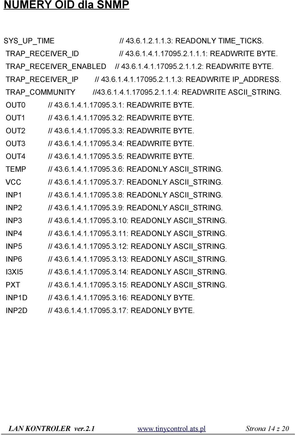 OUT2 // 43.6.1.4.1.17095.3.3: READWRITE BYTE. OUT3 // 43.6.1.4.1.17095.3.4: READWRITE BYTE. OUT4 // 43.6.1.4.1.17095.3.5: READWRITE BYTE. TEMP // 43.6.1.4.1.17095.3.6: READONLY ASCII_STRING.