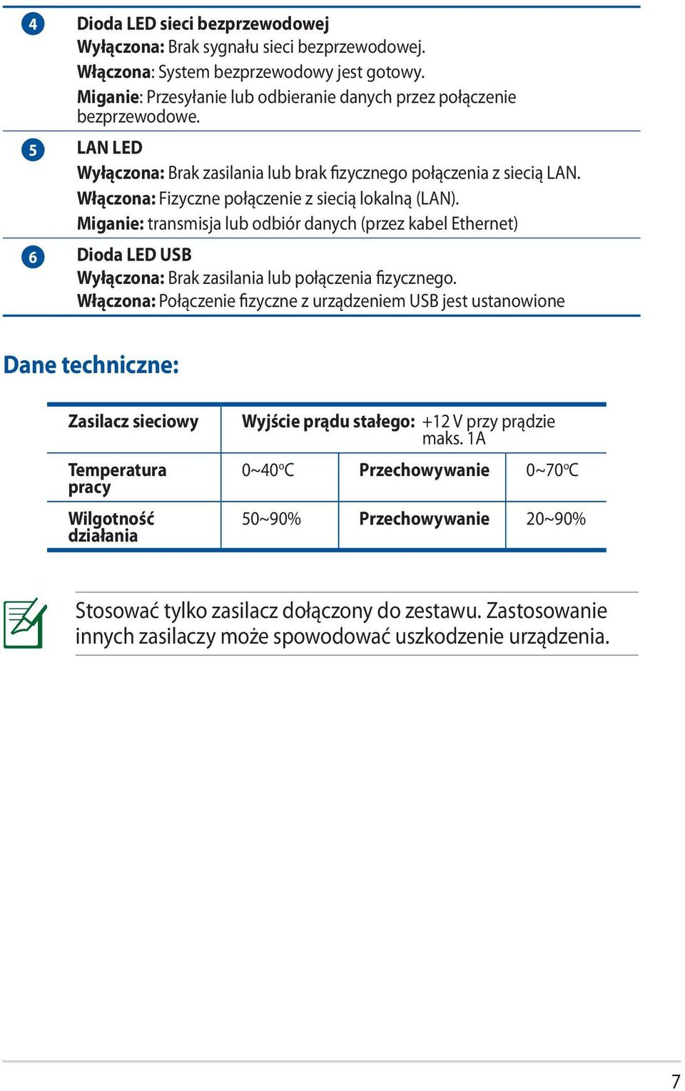 Włączona: Fizyczne połączenie z siecią lokalną (LAN). Miganie: transmisja lub odbiór danych (przez kabel Ethernet) Dioda LED USB Wyłączona: Brak zasilania lub połączenia fizycznego.