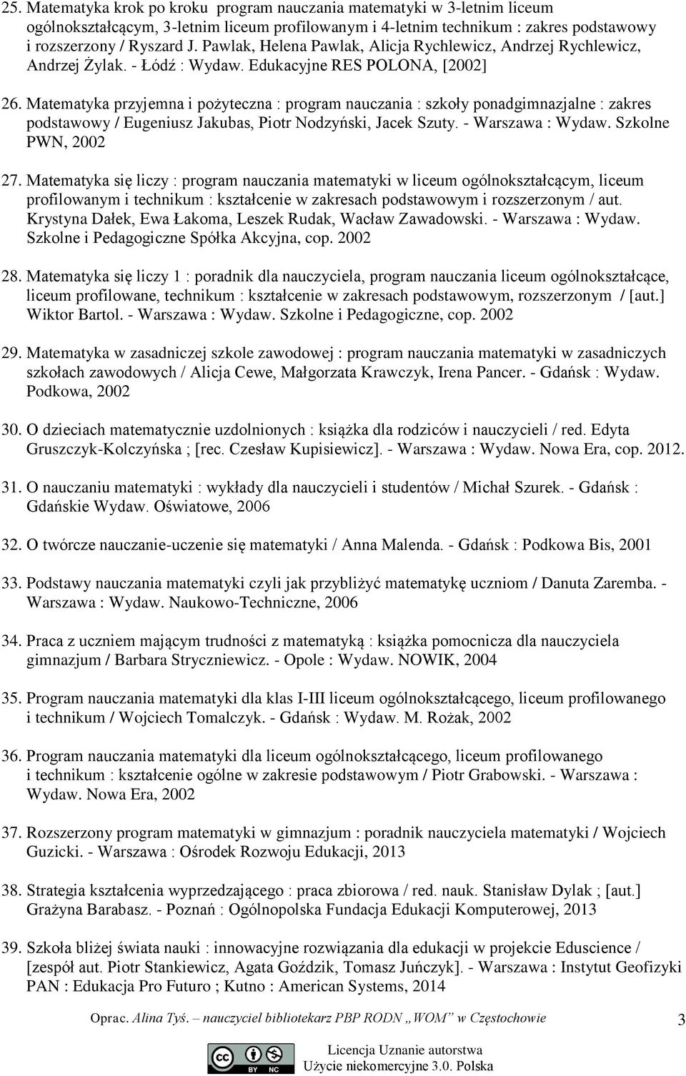 Matematyka przyjemna i pożyteczna : program nauczania : szkoły ponadgimnazjalne : zakres podstawowy / Eugeniusz Jakubas, Piotr Nodzyński, Jacek Szuty. - Warszawa : Wydaw. Szkolne PWN, 2002 27.