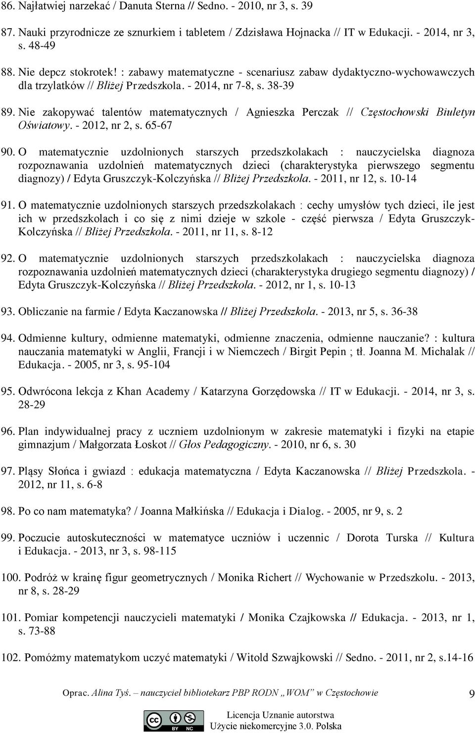 Nie zakopywać talentów matematycznych / Agnieszka Perczak // Częstochowski Biuletyn Oświatowy. - 2012, nr 2, s. 65-67 90.