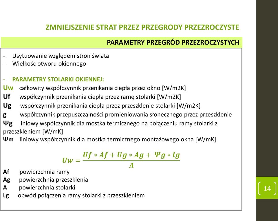 współczynnik przepuszczalności promieniowania słonecznego przez przeszklenie Ψg liniowy współczynnik dla mostka termicznego na połączeniu ramy stolarki z przeszkleniem [W/mK] Ψm liniowy