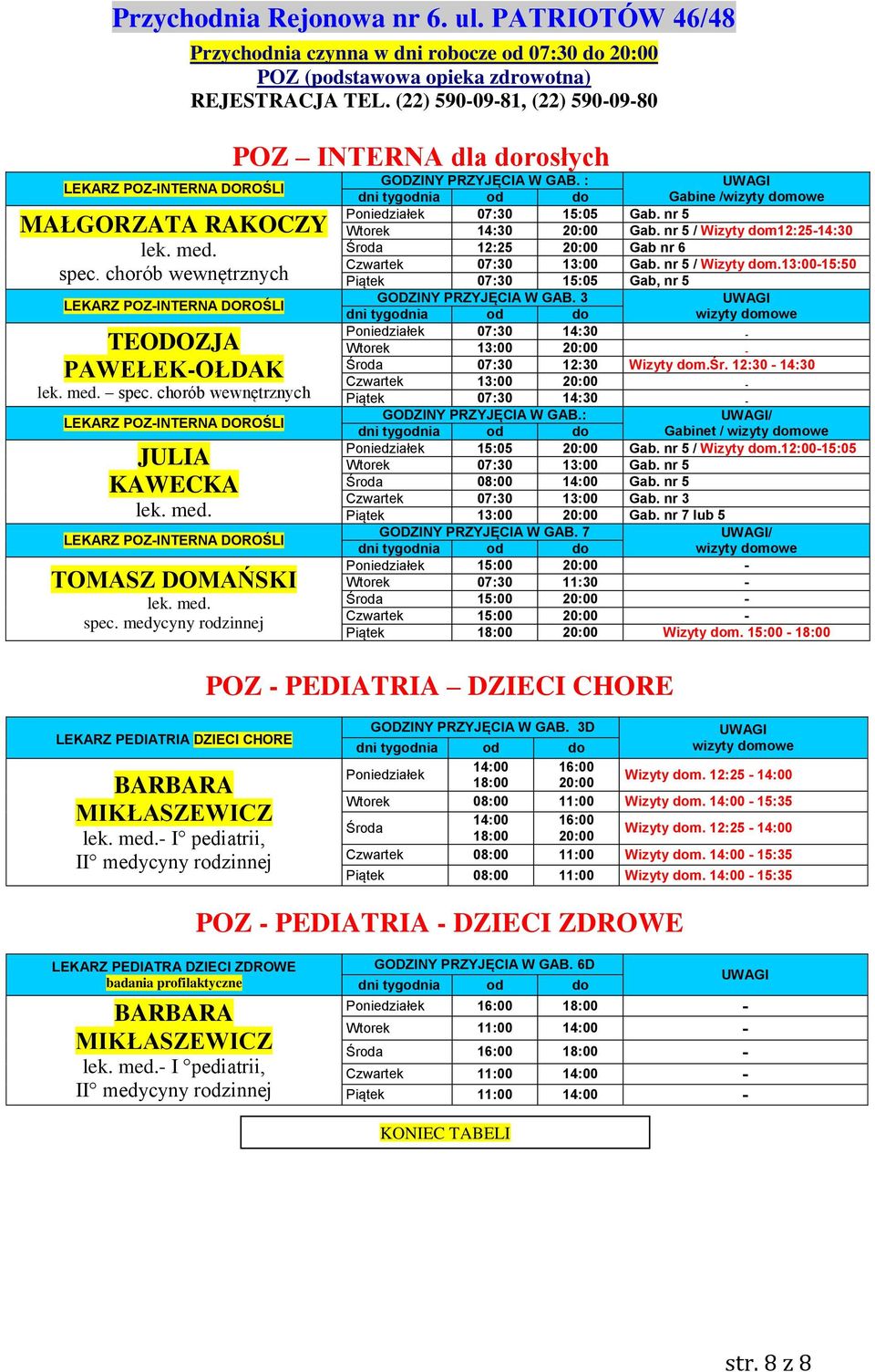 (22) 590-09-81, (22) 590-09-80 POZ INTERNA dla dorosłych : Gabine / Poniedziałek 07:30 15:05 Gab. nr 5 Wtorek 14:30 20:00 Gab.