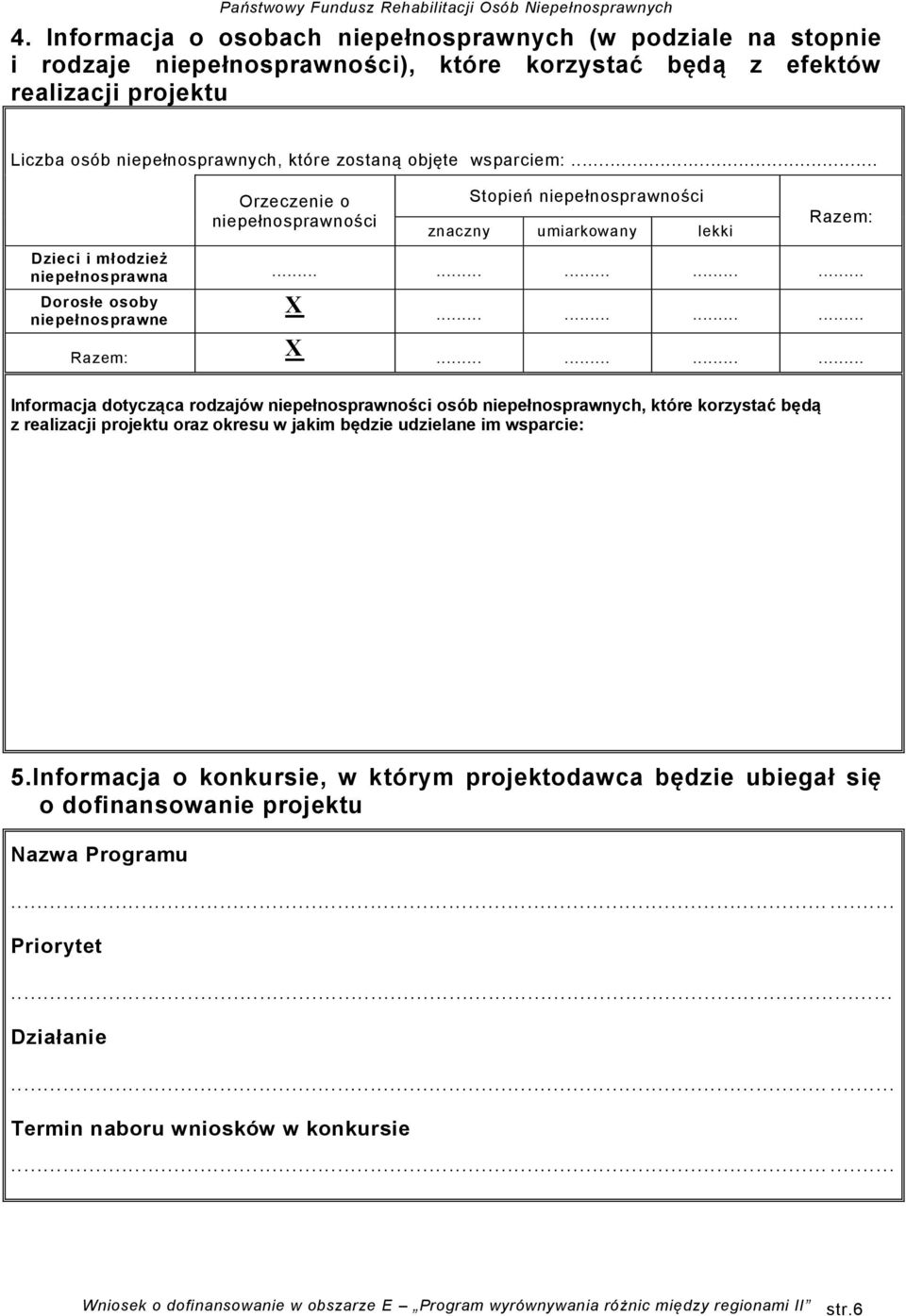 ........... Informacja dotycząca rodzajów niepełnosprawności osób niepełnosprawnych, które korzystać będą z realizacji projektu oraz okresu w jakim będzie udzielane im wsparcie: 5.