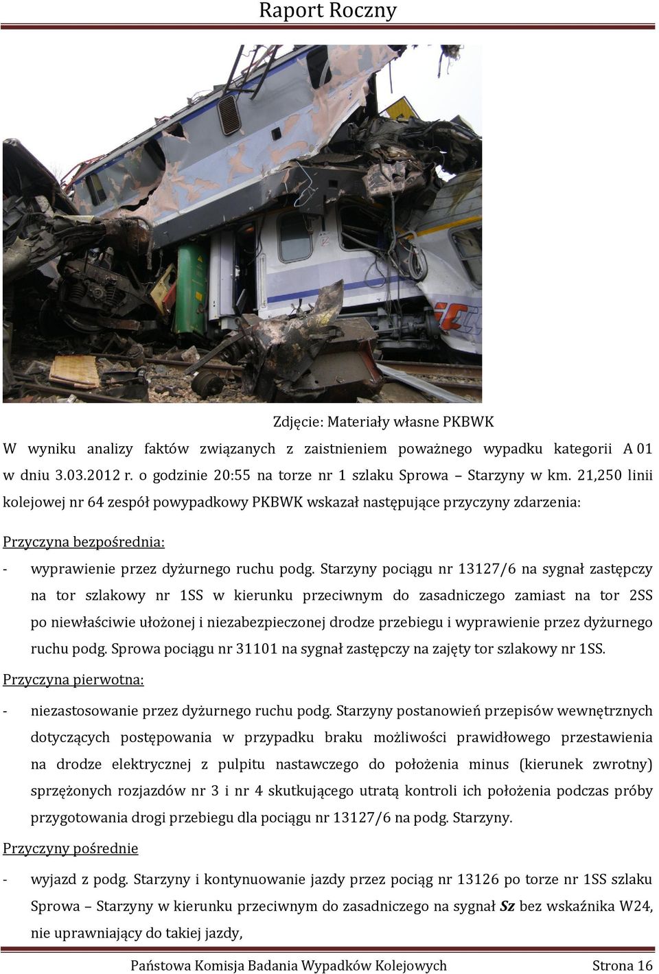 21,250 linii kolejowej nr 64 zespół powypadkowy PKBWK wskazał następujące przyczyny zdarzenia: Przyczyna bezpośrednia: - wyprawienie przez dyżurnego ruchu podg.