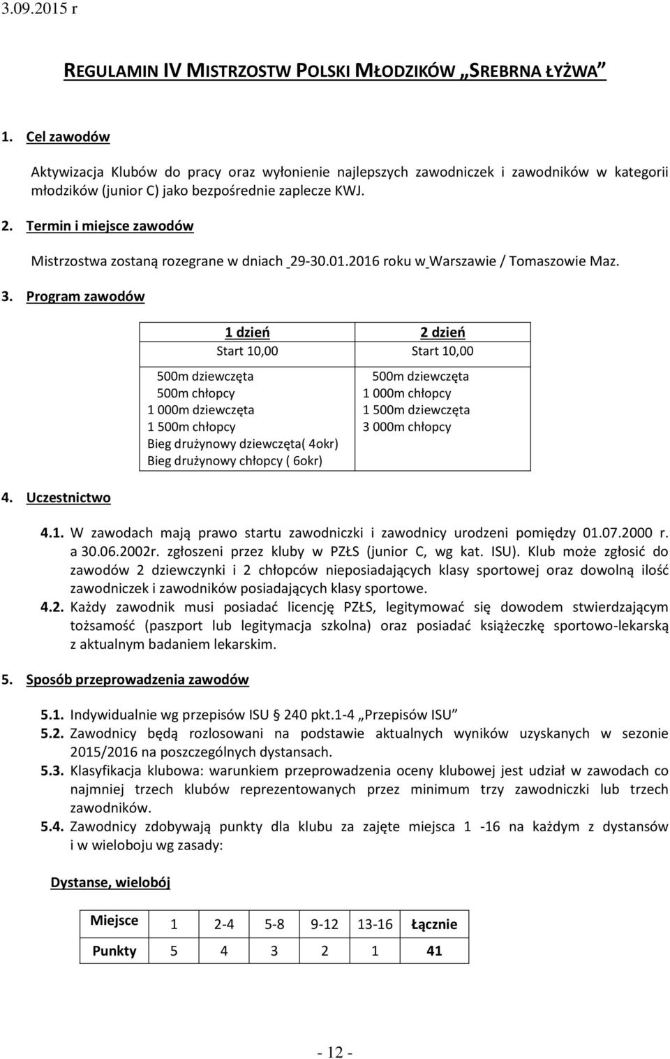 Termin i miejsce zawodów Mistrzostwa zostaną rozegrane w dniach 29-30.01.2016 roku w Warszawie / Tomaszowie Maz. 3. Program zawodów 4.