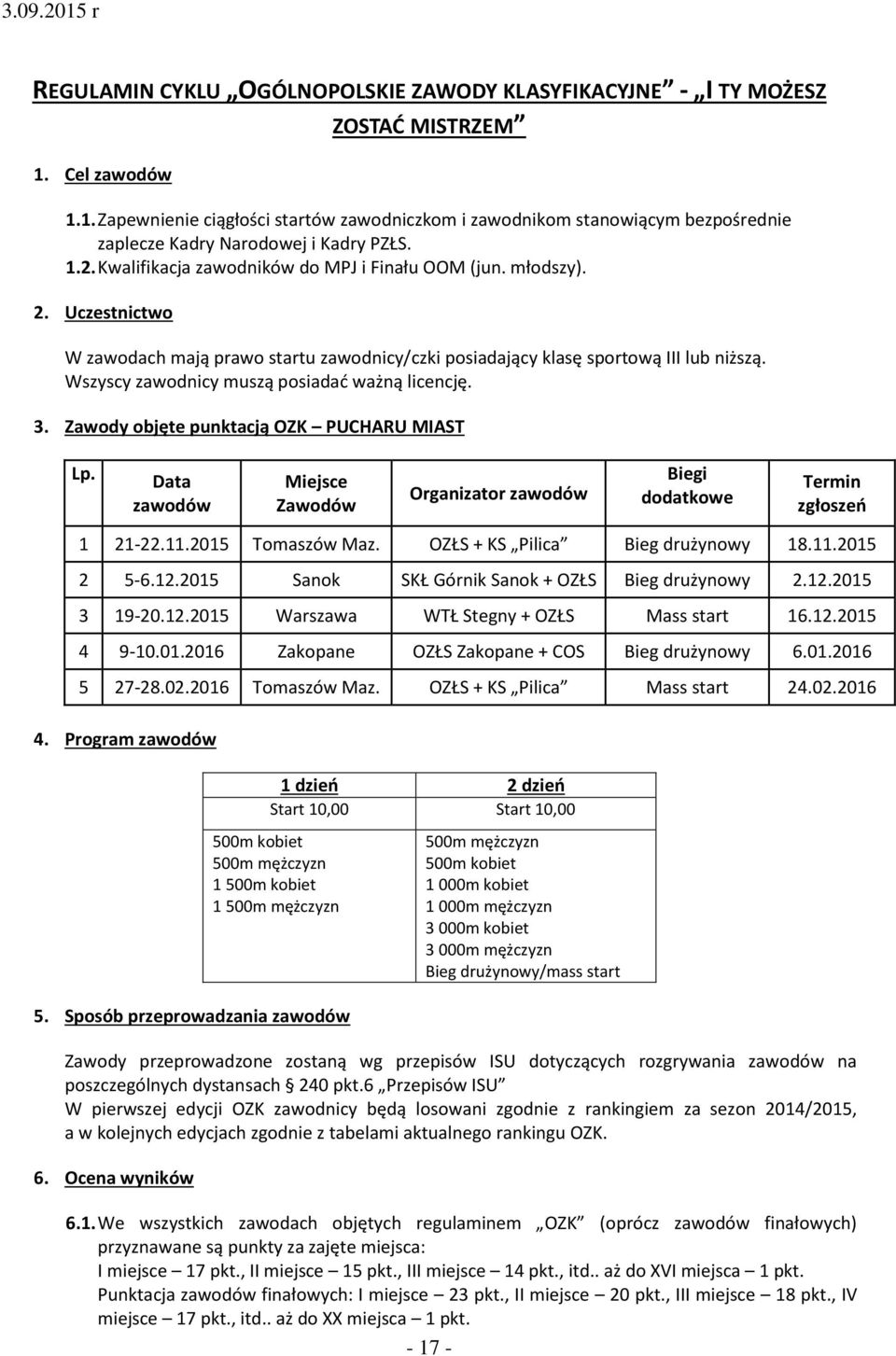 młodszy). 2. Uczestnictwo W zawodach mają prawo startu zawodnicy/czki posiadający klasę sportową III lub niższą. Wszyscy zawodnicy muszą posiadać ważną licencję. 3.