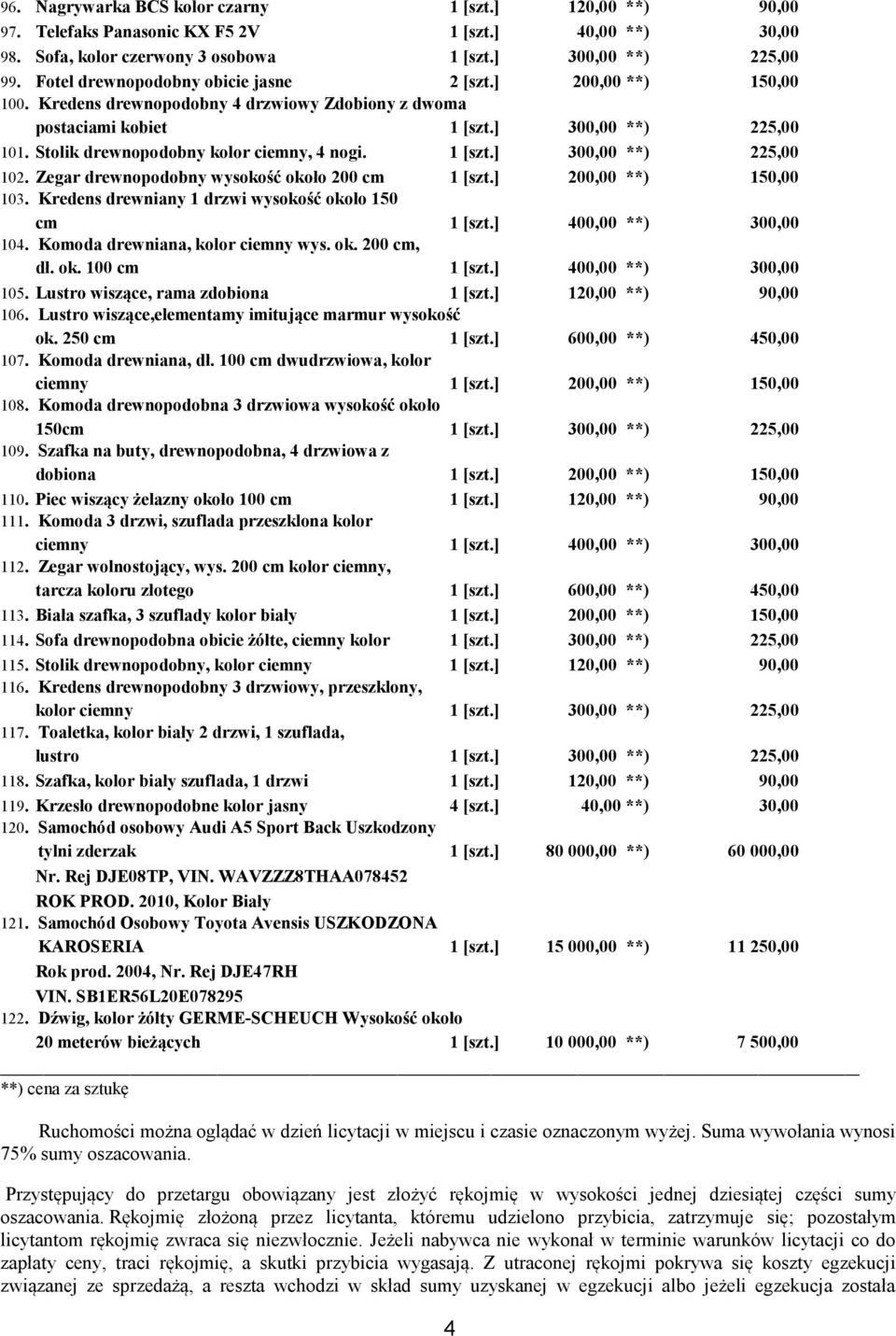 Stolik drewnopodobny kolor ciemny, 4 nogi. 1 [szt.] 300,00 **) 225,00 102. Zegar drewnopodobny wysokość około 200 cm 1 [szt.] 200,00 **) 150,00 103.