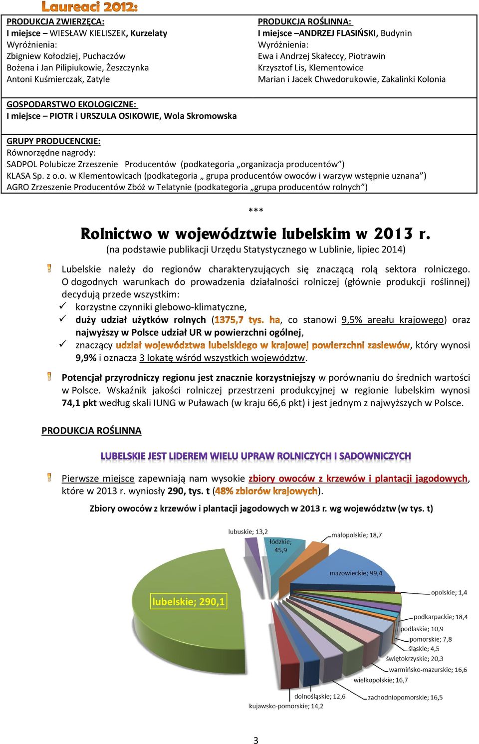 Skromowska GRUPY PRODUCENCKIE: Równorzędne nagrody: SADPOL Polubicze Zrzeszenie Producentów (podkategoria organizacja producentów ) KLASA Sp. z o.o. w Klementowicach (podkategoria grupa producentów