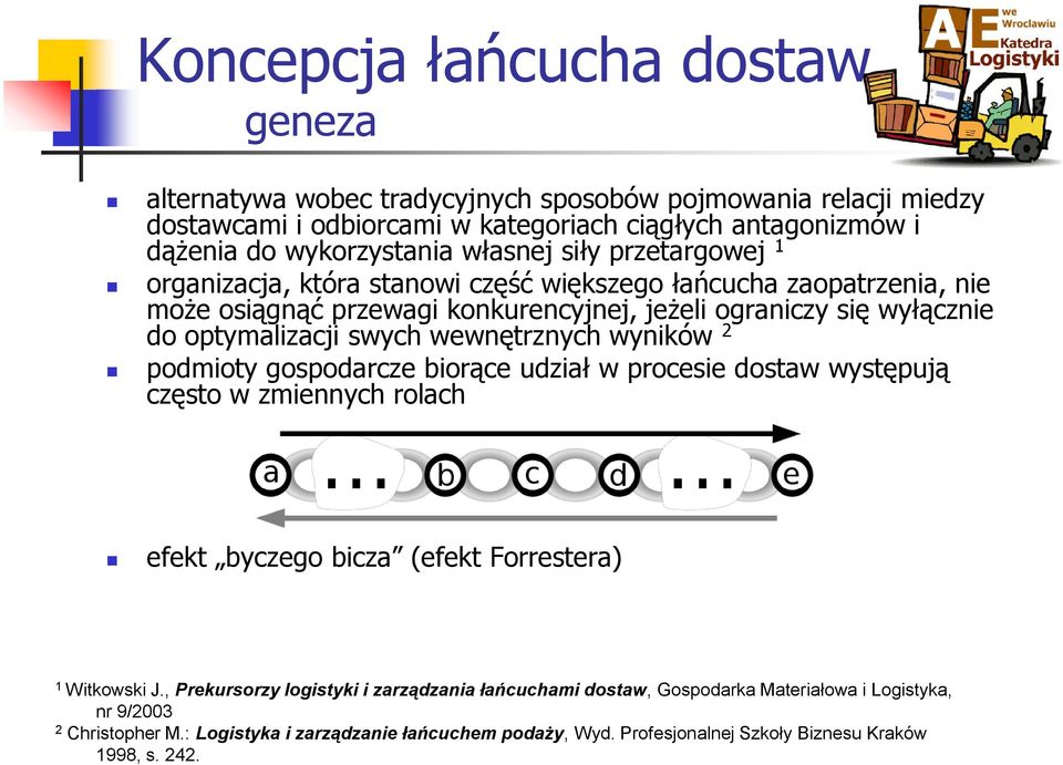wewnętrznych wyników 2 podmioty gospodarcze biorące udział w procesie dostaw występują często w zmiennych rolach efekt byczego bicza (efekt Forrestera) 1 Witkowski J.
