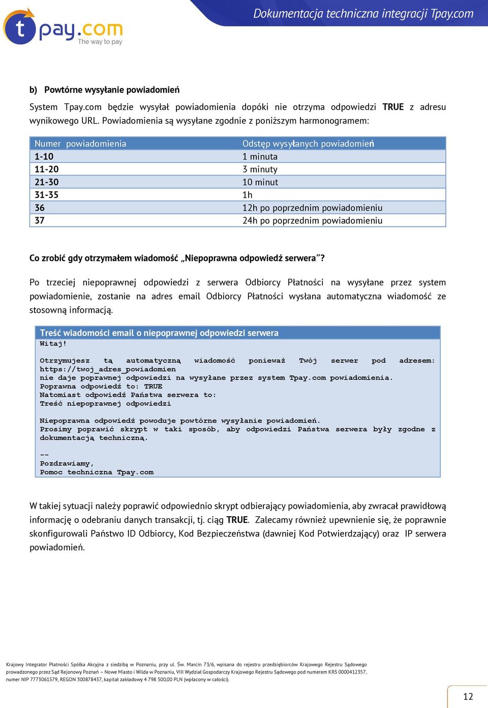 37 24h po poprzednim powiadomieniu Co zrobić gdy otrzymałem wiadomość Niepoprawna odpowiedź serwera?