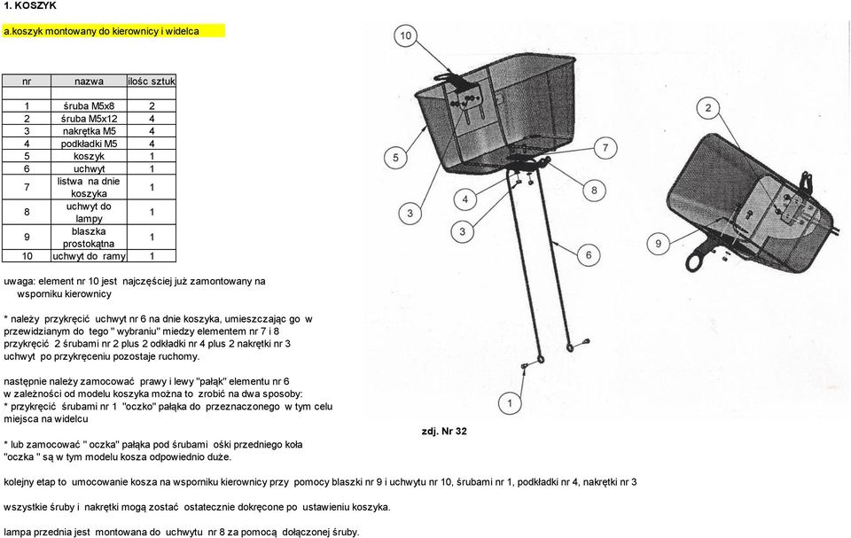 blaszka prostokątna 1 10 uchwyt do ramy 1 uwaga: element nr 10 jest najczęściej już zamontowany na wsporniku kierownicy * należy przykręcić uchwyt nr 6 na dnie koszyka, umieszczając go w