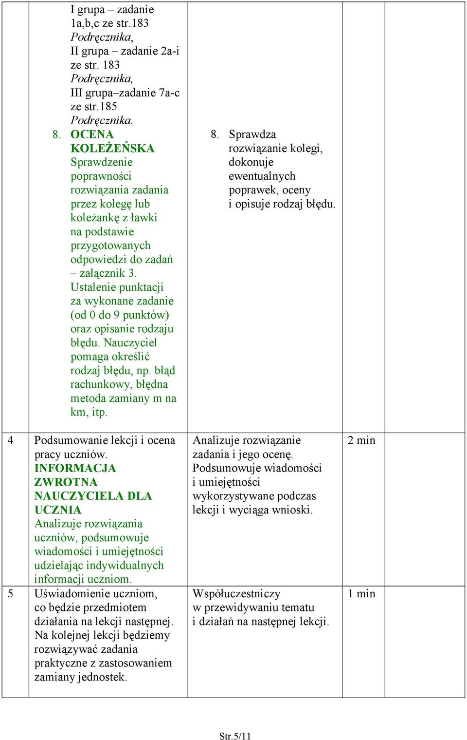 Ustalenie punktacji za wykonane zadanie (od 0 do 9 punktów) oraz opisanie rodzaju błędu. Nauczyciel pomaga określić rodzaj błędu, np. błąd rachunkowy, błędna metoda zamiany m na km, itp.