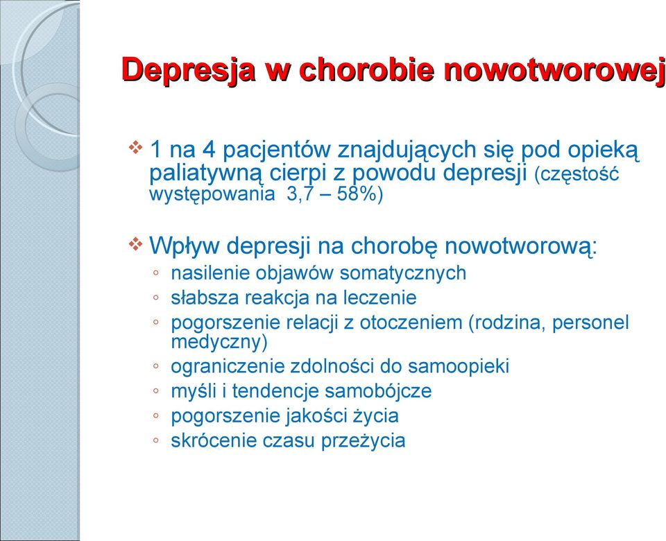 somatycznych słabsza reakcja na leczenie pogorszenie relacji z otoczeniem (rodzina, personel medyczny)