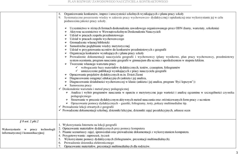 Uczestnictwo w różnych formach doskonalenia zawodowego organizowanego przez ODN (kursy, warsztaty, szkolenia) Aktywne uczestnictwo w Wewnątrzszkolnym Doskonaleniu Nauczycieli Udział w pracach zespołu