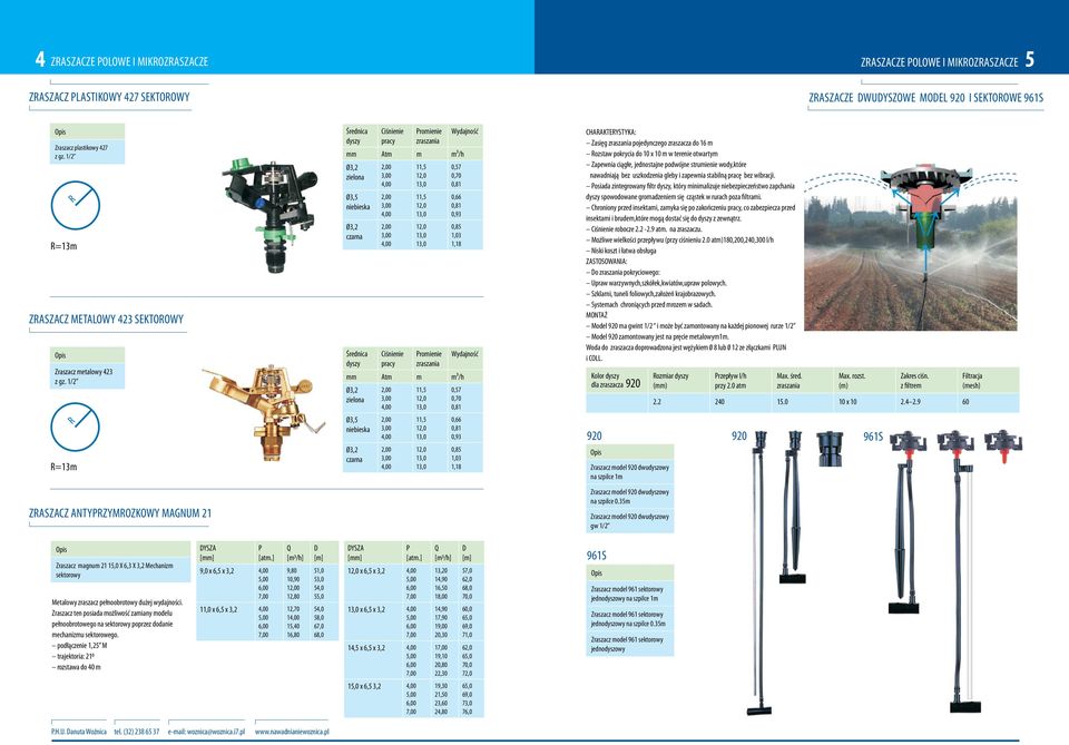 1/2 R R=13m ZRASZACZ ANTYPRZYMROZKOWY MAGNUM 21 dyszy pracy Promienie zraszania mm Atm m m³/h Ø3,2 zielona Ø3,5 niebieska Ø3,2 czarna dyszy 0 0 4,00 0 0 4,00 0 0 4,00 pracy 11,5 1 1 11,5 1 1 1 1 1