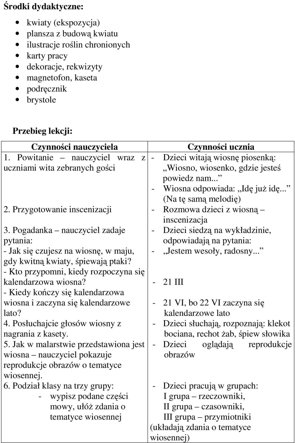 Pogadanka nauczyciel zadaje pytania: -Jaksię czujesz na wiosnę,wmaju, gdy kwitną kwiaty, śpiewają ptaki? - Kto przypomni, kiedy rozpoczyna się kalendarzowa wiosna?