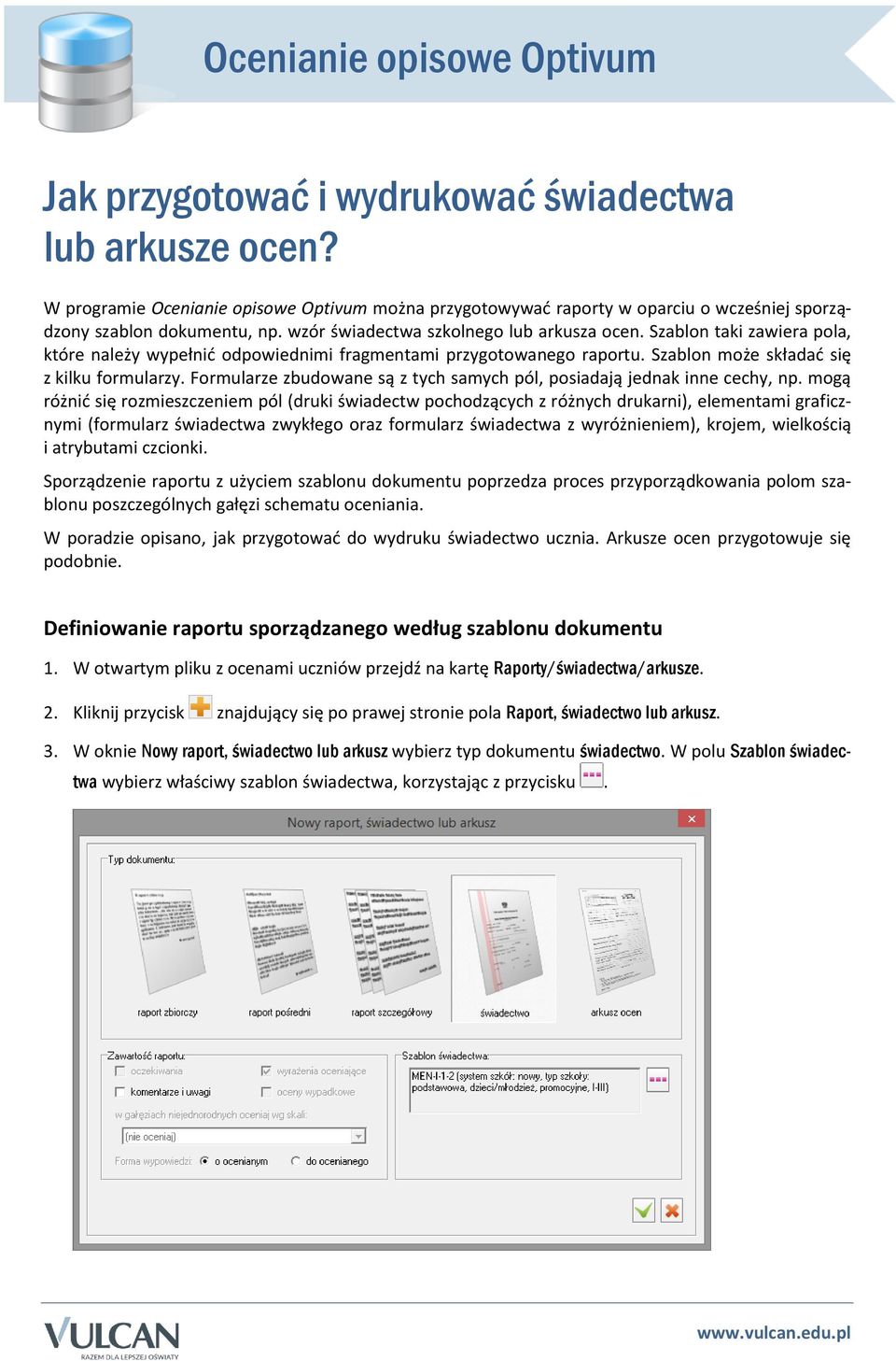 Szablon taki zawiera pola, które należy wypełnić odpowiednimi fragmentami przygotowanego raportu. Szablon może składać się z kilku formularzy.