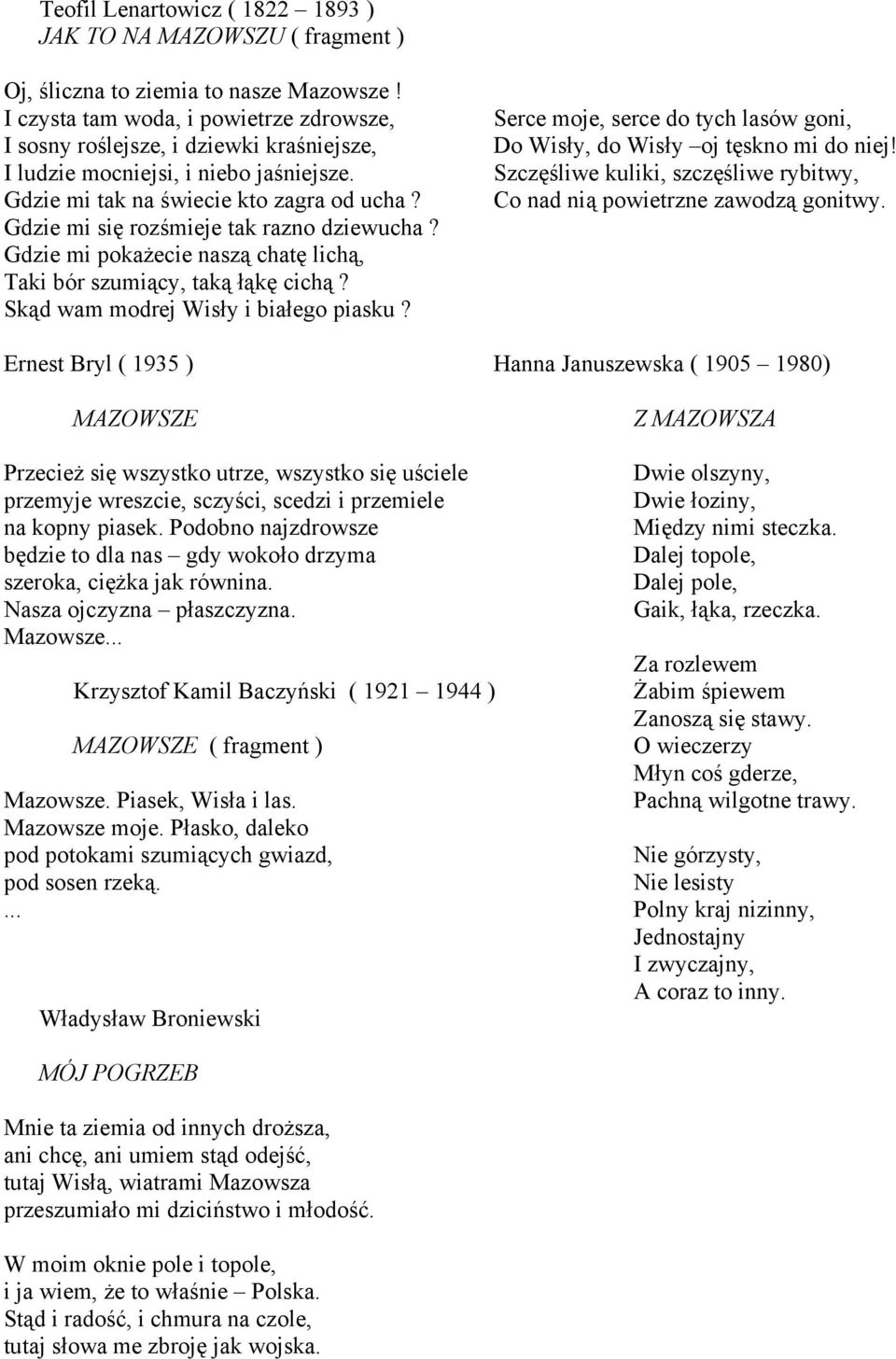 Gdzie mi się rozśmieje tak razno dziewucha? Gdzie mi pokażecie naszą chatę lichą, Taki bór szumiący, taką łąkę cichą? Skąd wam modrej Wisły i białego piasku?