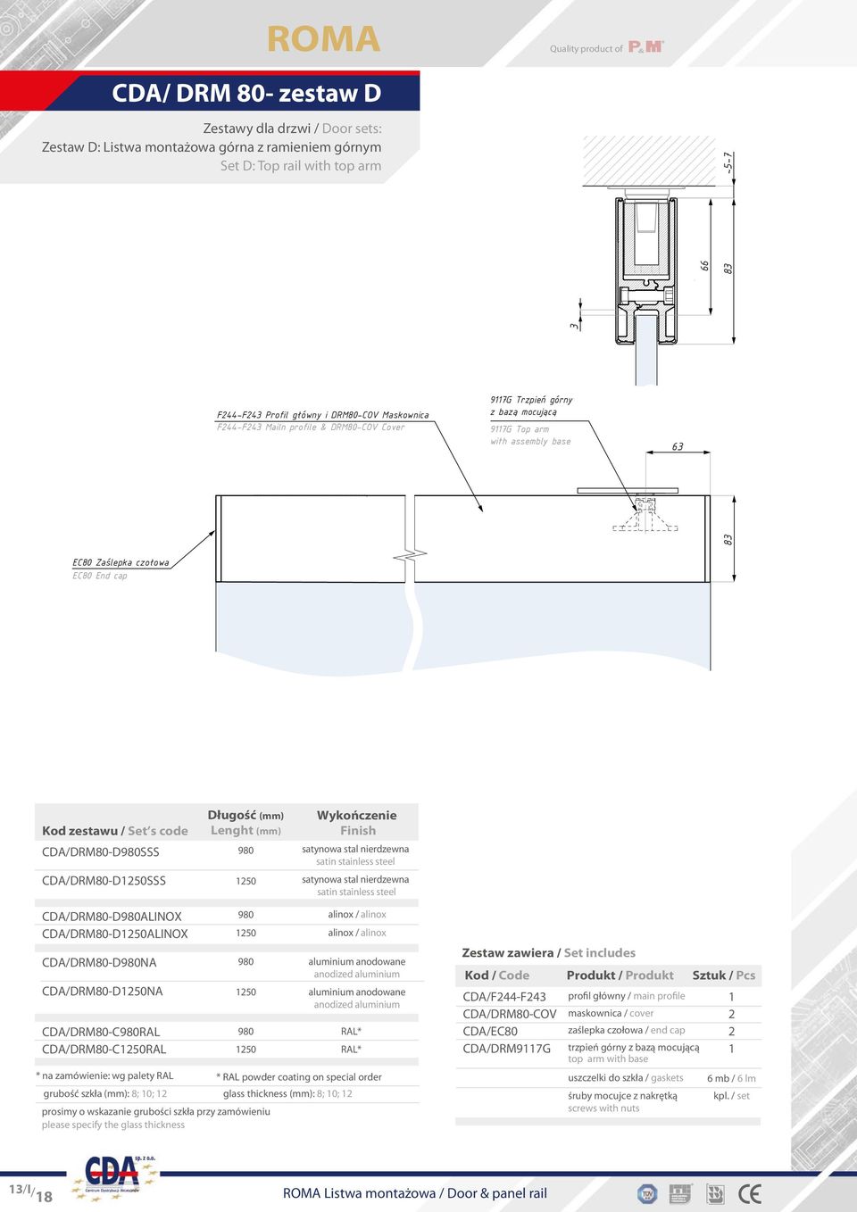 CDA/DRM80-DSSS CDA/DRM80-DALINOX CDA/DRM80-DALINOX CDA/DRM80-DNA CDA/DRM80-DNA CDA/DRM80-CRAL CDA/DRM80-CRAL * na zamówienie: wg palety RAL * RAL powder coating on special order grubość szkła (mm):