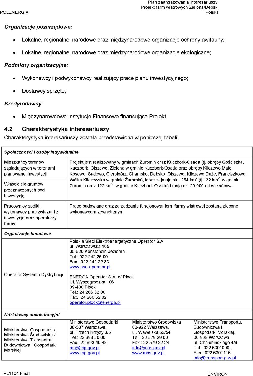 2 Charakterystyka interesariuszy Charakterystyka interesariuszy została przedstawiona w poniższej tabeli: Społeczności I osoby indywidualne Mieszkańcy terenów sąsiadujących w terenami planowanej