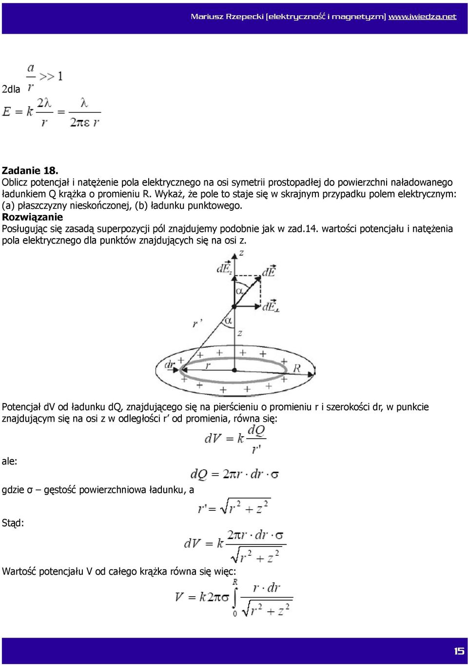 Posługując się zasadą superpozycji pól znajdujemy podobnie jak w zad.14. wartości potencjału i natężenia pola elektrycznego dla punktów znajdujących się na osi z.