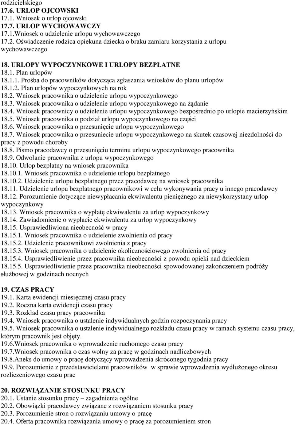 1.2. Plan urlopów wypoczynkowych na rok 18.2. Wniosek pracownika o udzielenie urlopu wypoczynkowego 18.3. Wniosek pracownika o udzielenie urlopu wypoczynkowego na żądanie 18.4.