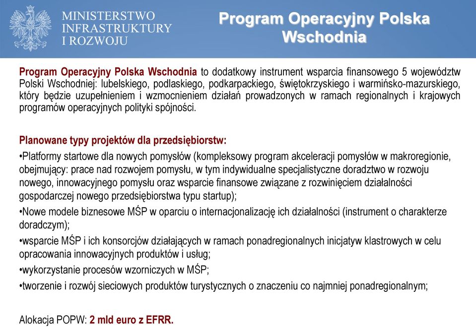 Planowane typy projektów dla przedsiębiorstw: Platformy startowe dla nowych pomysłów (kompleksowy program akceleracji pomysłów w makroregionie, obejmujący: prace nad rozwojem pomysłu, w tym