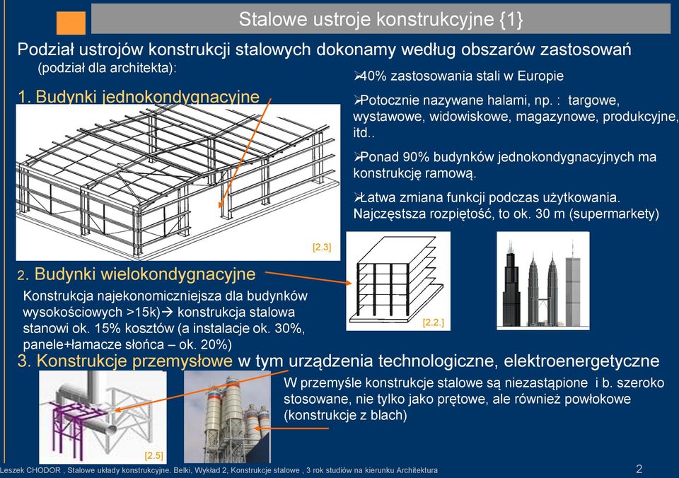 . Ponad 90% budynków jednokondygnacyjnych ma konstrukcję ramową. Łatwa zmiana funkcji podczas użytkowania. Najczęstsza rozpiętość, to ok. 30 m (supermarkety) 2.