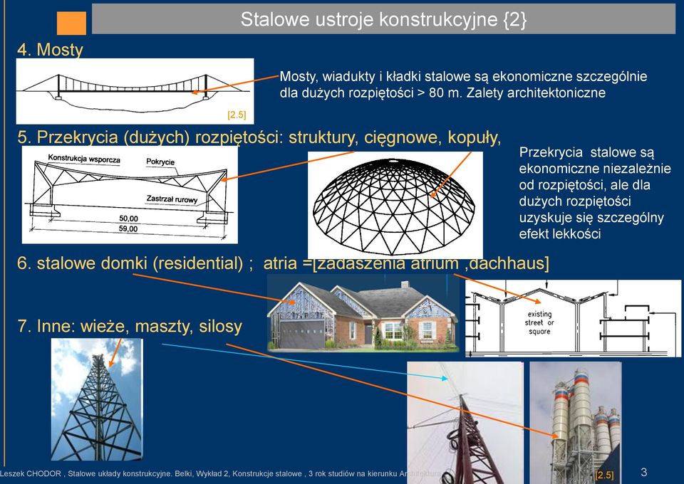 Przekrycia (dużych) rozpiętości: struktury, cięgnowe, kopuły, Przekrycia stalowe są ekonomiczne niezależnie od rozpiętości, ale dla dużych