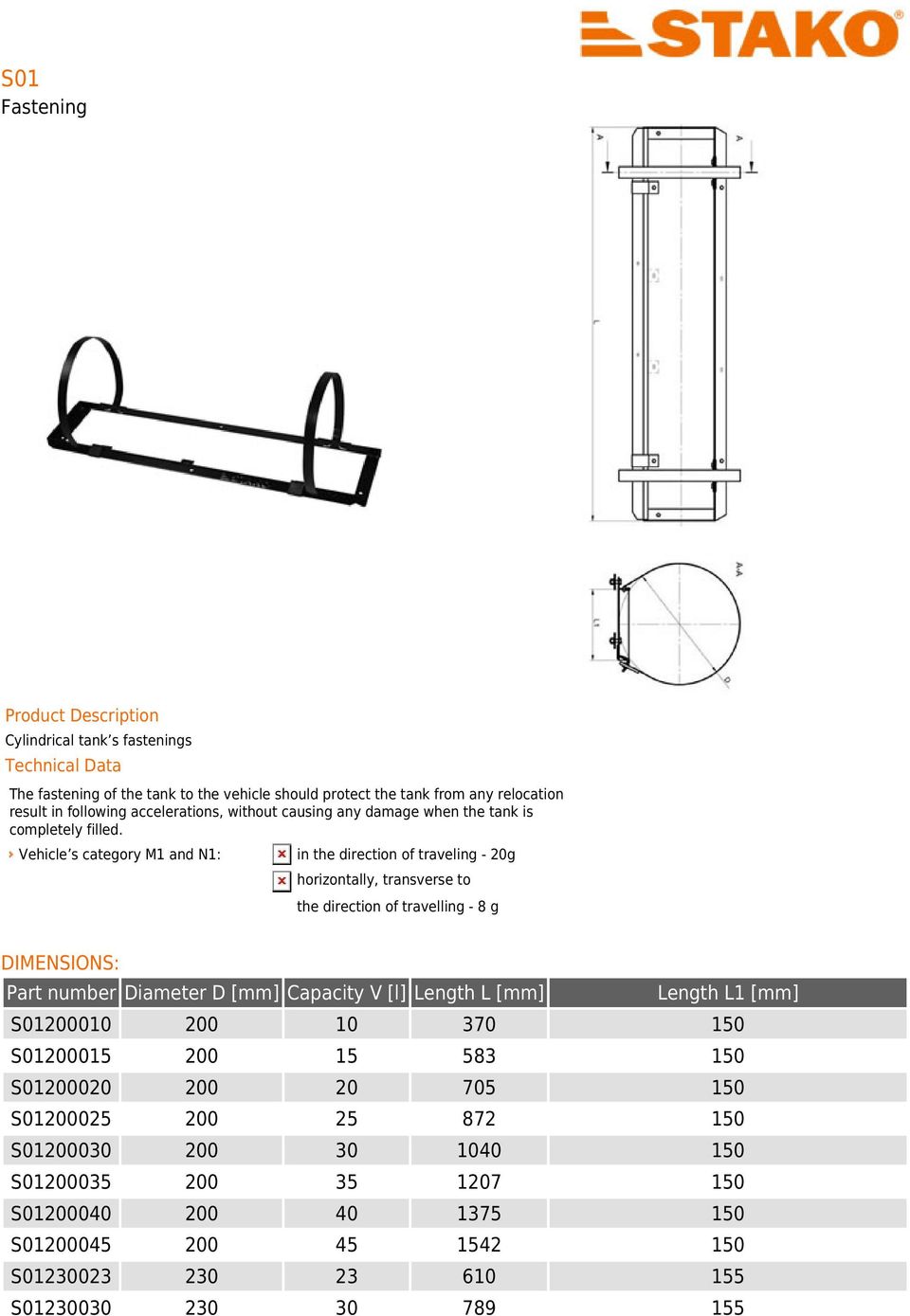 Vehicle s category M1 and N1: in the direction of traveling - 20g horizontally, transverse to the direction of travelling - 8 g DIMENSIONS: Part number Diameter D Capacity V [l]