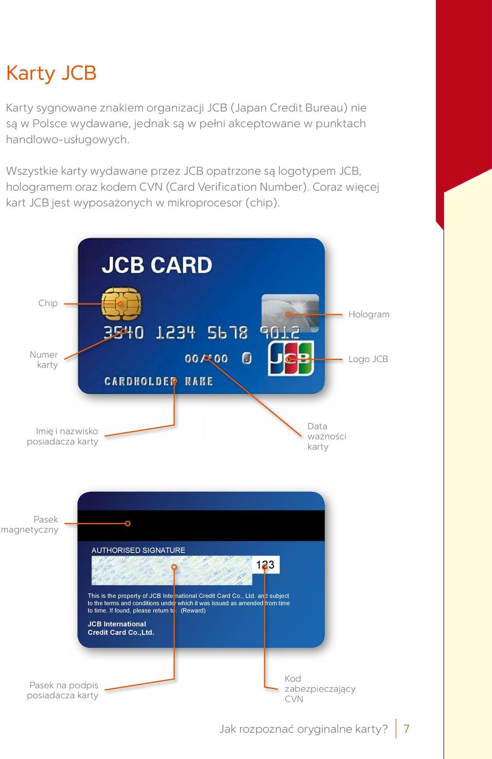 Chip Hologram Numer karty Logo JCB Imię i nazwisko posiadacza karty Data ważności karty Pasek magnetyczny AUTHORISED SIGNATURE 123 This is the property of JCB International Credit Card Co., Ltd.