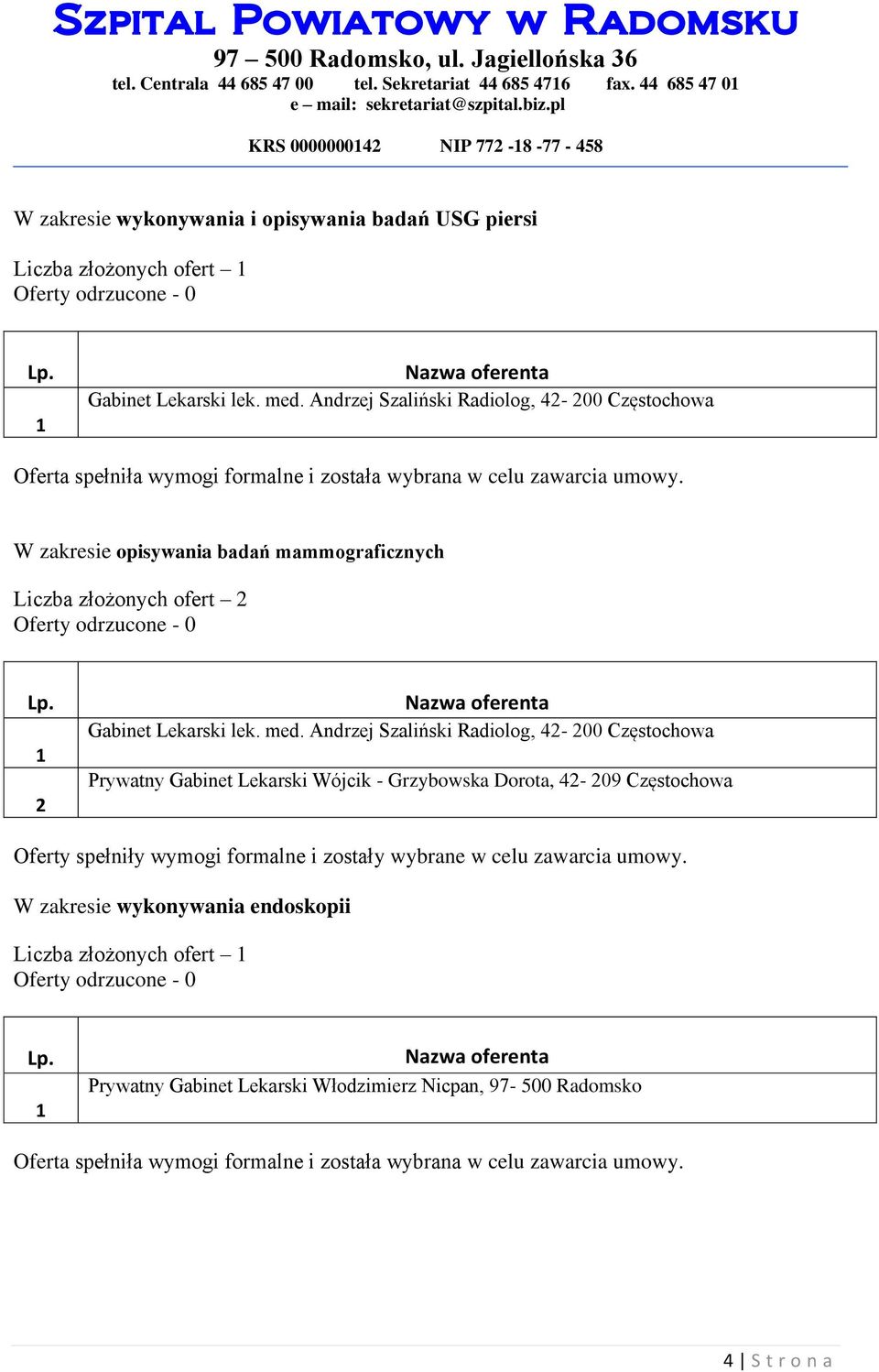 Andrzej Szaliński Radiolog, 4-00 Częstochowa W zakresie opisywania badań mammograficznych Liczba złożonych ofert Gabinet Lekarski lek. med.