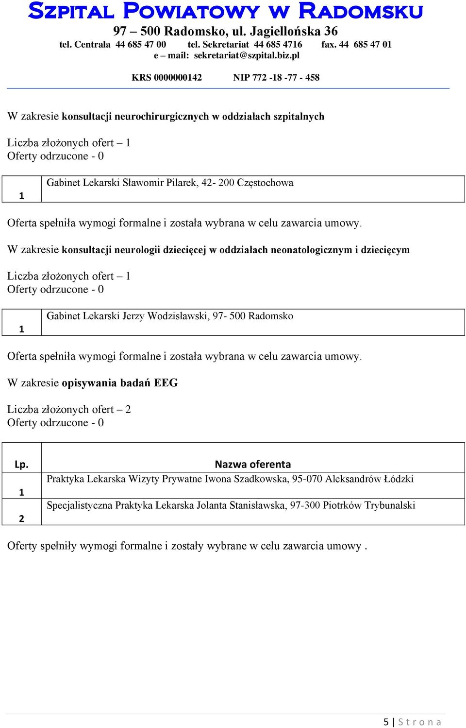 Częstochowa W zakresie konsultacji neurologii dziecięcej w oddziałach neonatologicznym i dziecięcym Liczba złożonych ofert Gabinet Lekarski Jerzy Wodzisławski, 97-500 Radomsko W