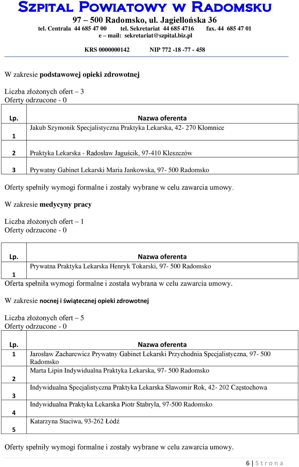 Radosław Jaguścik, 97-40 Kleszczów 3 Prywatny Gabinet Lekarski Maria Jankowska, 97-500 Radomsko W zakresie medycyny pracy Liczba złożonych ofert Prywatna Praktyka Lekarska Henryk Tokarski, 97-500