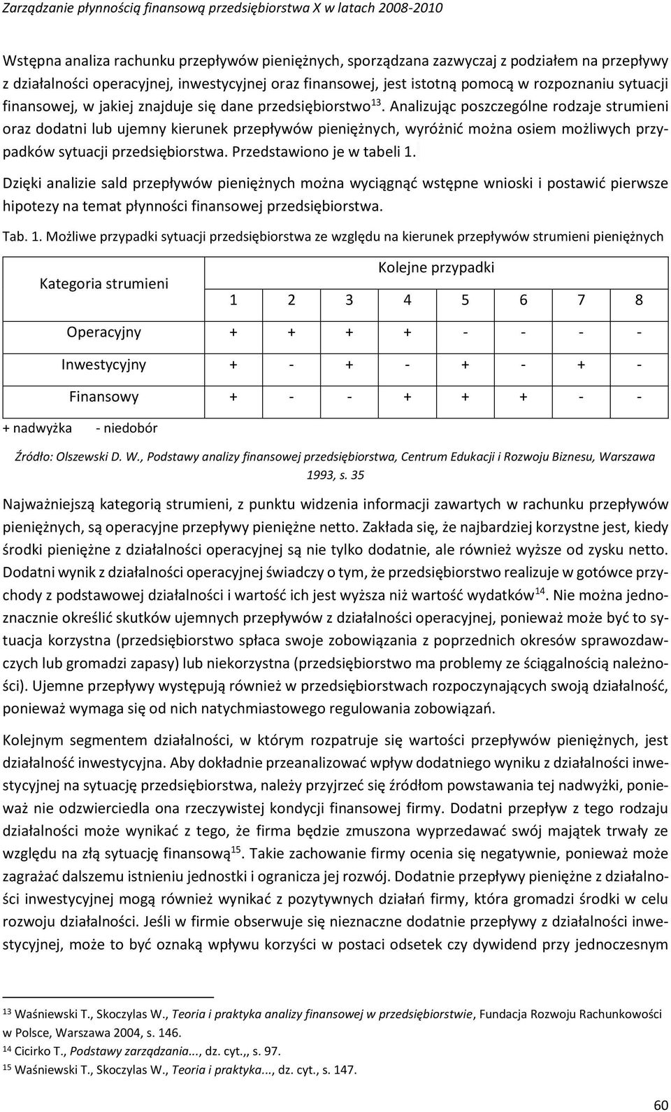 Analizując poszczególne rodzaje strumieni oraz dodatni lub ujemny kierunek przepływów pieniężnych, wyróżnić można osiem możliwych przypadków sytuacji przedsiębiorstwa. Przedstawiono je w tabeli 1.